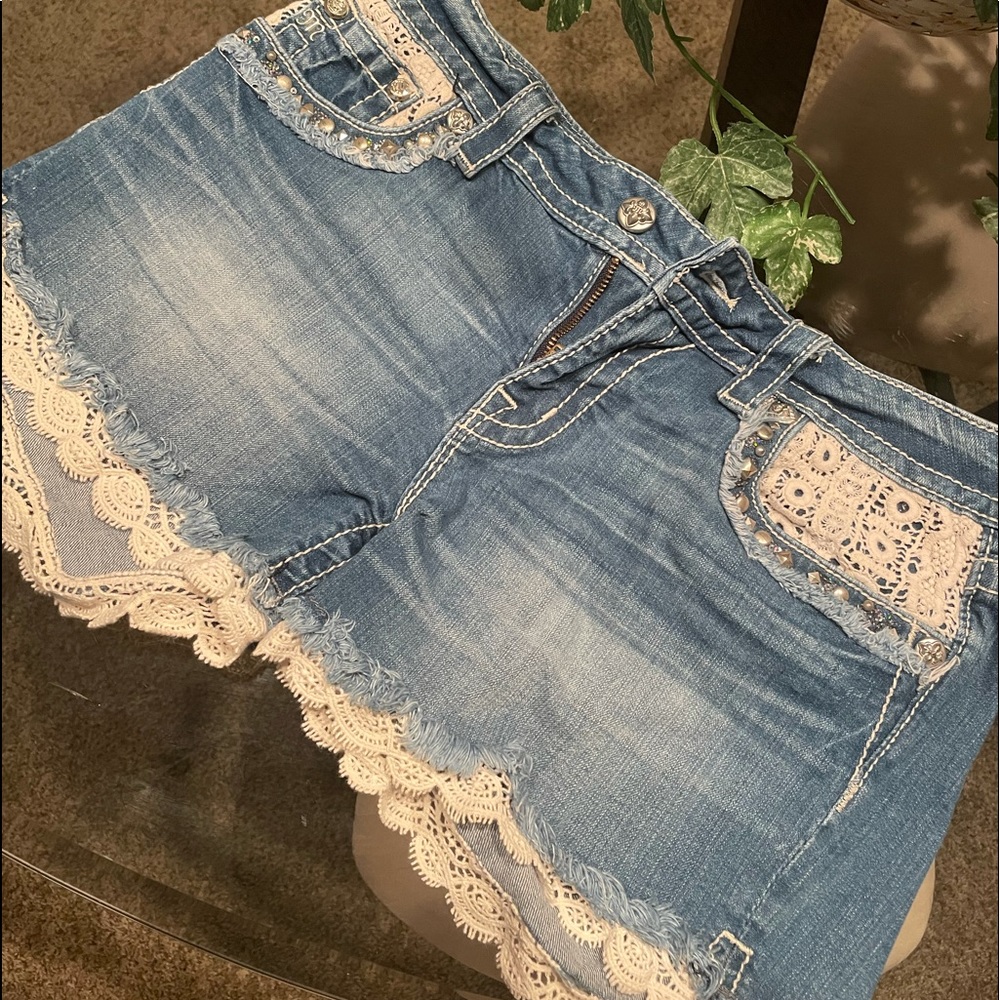 Miss Me Signature Jean Shorts with Embellished Ruffle Crochet Hem, Size 30